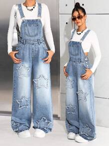 SHEIN Teen Girls' Y2K Casual Stonewashed Frayed Star Pattern Denim Overalls Jumpsuit Without Tee,Teen Girl Fall Winter Streetwear Casual Clothes Outfits - Medium Wash - View 1