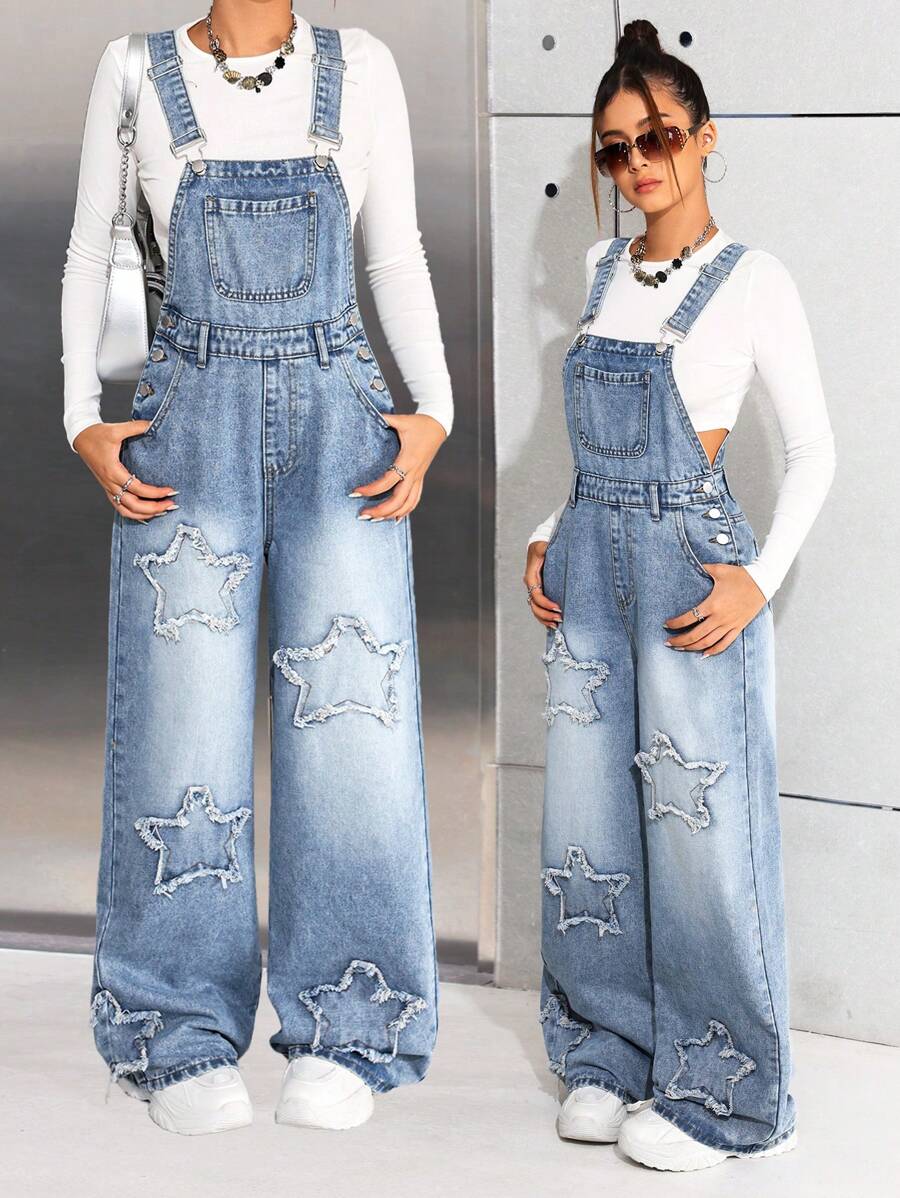 SHEIN Teen Girls' Y2K Casual Stonewashed Frayed Star Pattern Denim Overalls Jumpsuit Without Tee,Teen Girl Fall Winter Streetwear Casual Clothes Outfits - Medium Wash - View 1