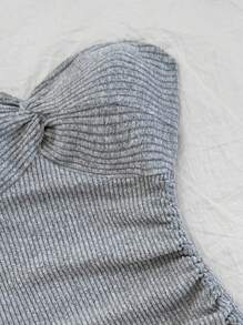 Soleia Women's Vacation Ribbed Knit Gray Marl Ruched Twist Waist Drawstring Hem Slit Asymmetric Hem Mini Dress, Stylish Layering For Autumn/Winter - Grey - View 3