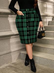 SHEIN Clasi Plus Size Casual Plaid Print Front Button Fitted Skirt, Autumn/Winter