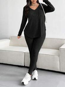 POPSWAY Plus Size Casual Solid Color Textured V-Neck Top And Pants Set Fall Cloth For Women - Black - View 4