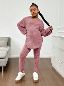 SHEIN Tween 女童休闲针织蓬松罗纹圆领宽松落肩不对称下摆上衣和修身打底裤 2 件套 - 藕粉色 - 查看 3