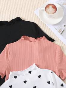 SHEIN Leap Crew 3pcs/Set Tween Girls' Solid Color Ribbed Collar Casual Short Sleeve T-Shirts - White - View 3