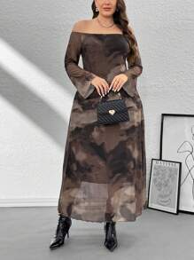 SHEIN Privé Plus Size Elegant Tie Dye Gradient Print Open Shoulder Dress, Autumn/Winter