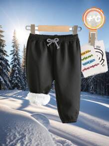SHEIN Baby Boys Black & White Thermal Lined Casual Loose Elastic Waist Sports Pants, All-Match & Versatile For Outdoor & Indoor Wear, Winter - Black - View 1