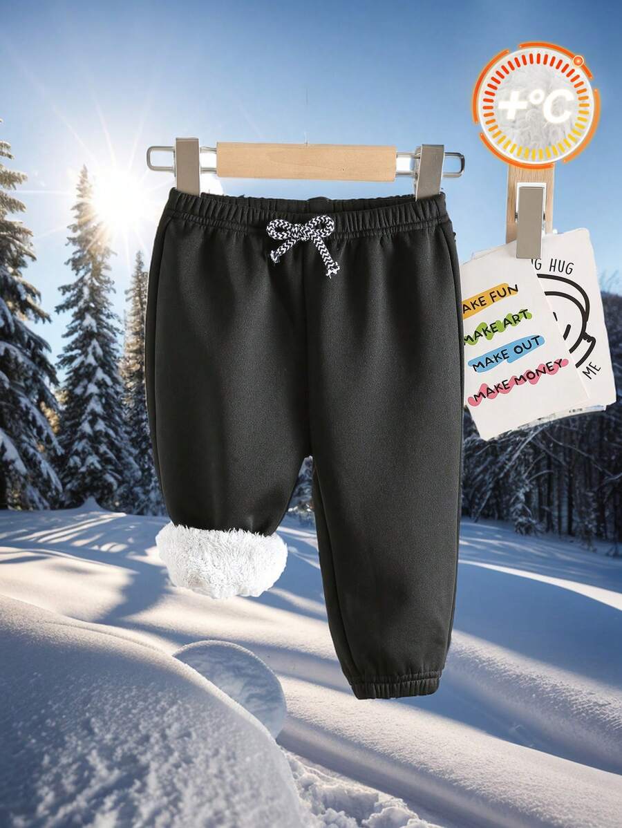SHEIN Baby Boys Black & White Thermal Lined Casual Loose Elastic Waist Sports Pants, All-Match & Versatile For Outdoor & Indoor Wear, Winter - Black - View 1