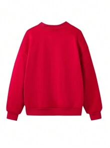 SHEIN Explorewe Sudadera suelta de manga larga y cuello en V para adolescentes y niñas, de unicolor con diseño gráfico de contraste en letra, informal y cálida - Burdeos - Ver 2
