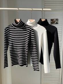 Comfortcana 3pcs Turtleneck Ribbed Solid & Stripe Knit Sweater