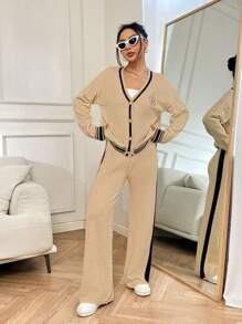 Chiquease 2 Stücke Damen Set, Farbblock Langarm Top mit Knöpfen vorne & Hosen, minimalistisch