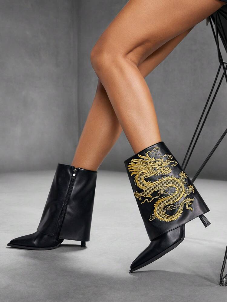 CUCCOO SZL Sexy & Fashionable Pointy Toe High Heel Ankle Boots, Embroidery Decor, Side Zipper, Casual Versatile, Black Color, Women New Year Holiday Valentines