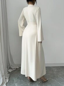 Elenzga Women's Stand Collar Pleated Long Sleeve Solid Color Mid-Length Dress Maxi Women Outfit