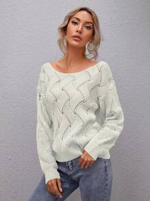 SHEIN LUNE Solid Color Boat Neck Casual Pullover Sweater Knit Pullover Fall Winter - White - View 5