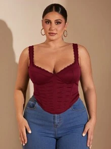 SHEIN BAE Plus Size Fall Sweet Sexy Elegant Woman Black Lace Lace Neckline Fishbone Corset Corset Party Top Work Top - Burgundy - View 4