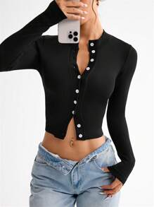 Easithlete Seamless High Elasticity Ribbed Button Sports Jacket - Black - View 1