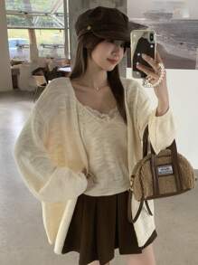 DAZY 2pcs Women Lace Patchwork Tender Knit Cardigan Sweater Jacket Set,Fall Clothes - Apricot - View 4