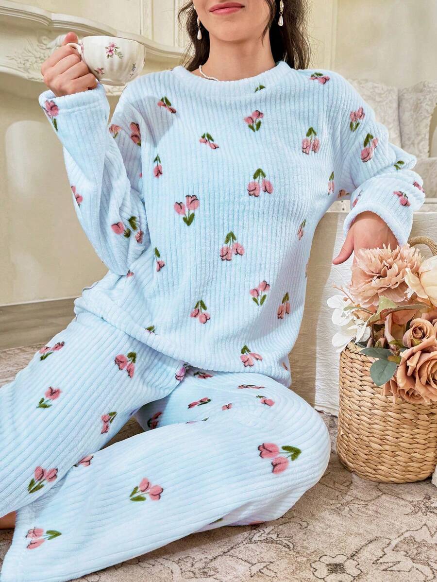 CottageSlumber Floral Print Plush Hooded Top And Long Pants Women Pajama Set - Baby Blue - View 1
