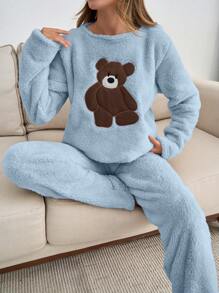 RueChic 2pcs Plush Bear Embroidery Detail Homewear PJ Set - Baby Blue - View 1