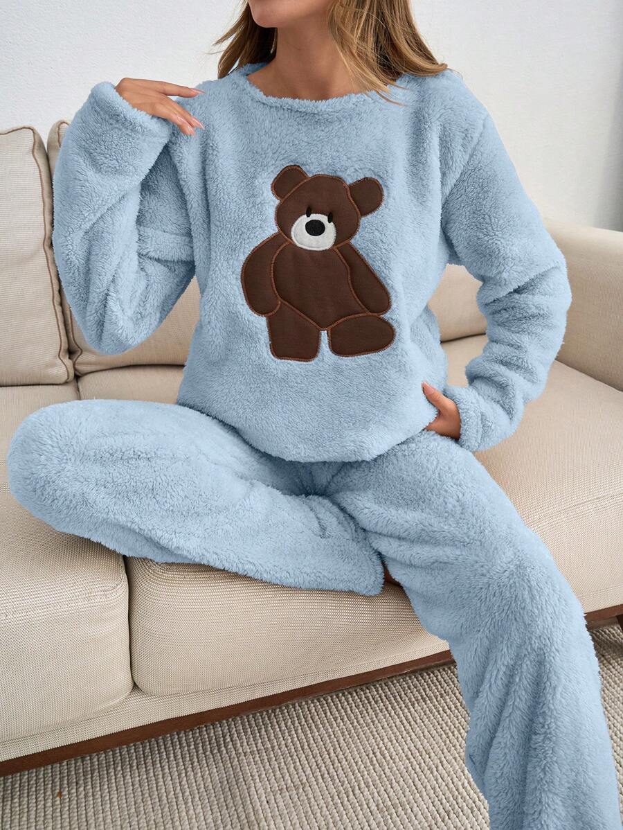 RueChic 2pcs Plush Bear Embroidery Detail Homewear PJ Set - Baby Blue - View 1