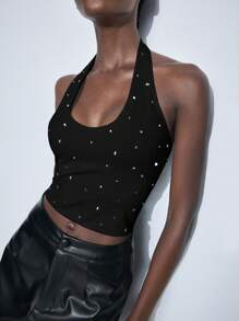 Maija Damska czarna bluzka bez rękawów z dekoltem w kształcie litery U i diamentowym zdobieniem, prosta i elegancka, uniwersalna do noszenia na co dzień/do pracy, odpowiednia na co dzień, do pracy i na wakacje na plaży