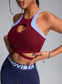 Innovista Sujetador deportivo casual con recortes y bajo cruzado en contraste de color, sin mangas, efecto push up, espalda de tirantes, para ejercicio, yoga, gimnasio - Día de San Valentín