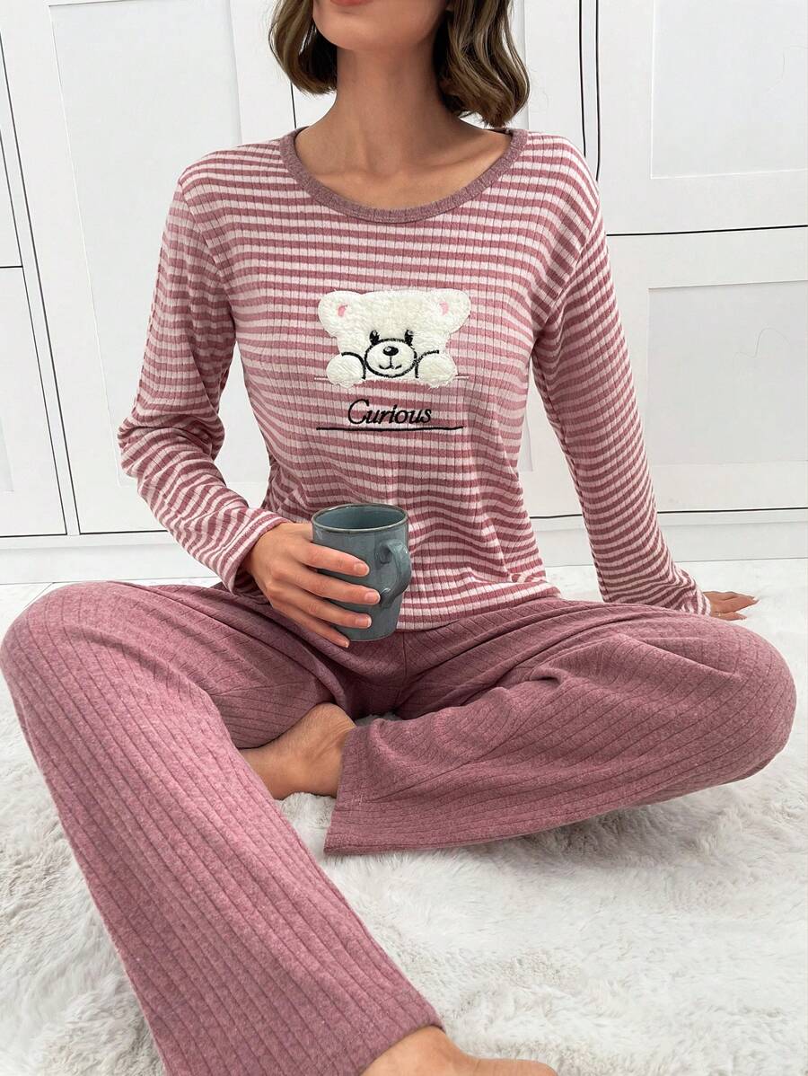 EURMUSE 2 Pcs Cotton Contrast Colour Striped With Bear Embroidery Detail PJ Set - Dusty Pink - View 1