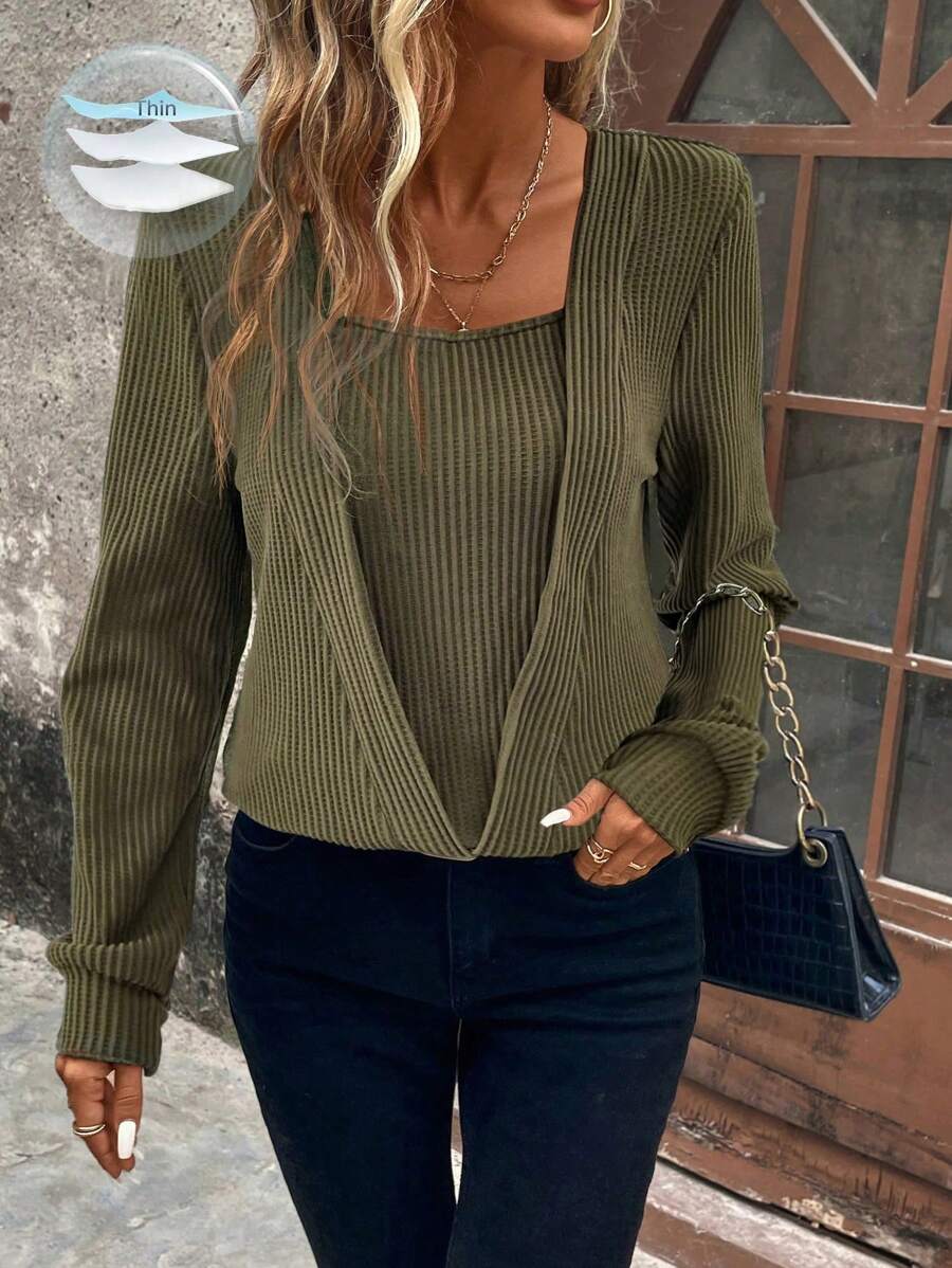 SHEIN Clasi 1pc Women Fleece Waffle Knit Hooded Sweatshirt In Fall/Winter - Army Green - View 1