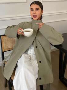 Livesso 宽松长袖腰带口袋女式风衣女式夹克，秋季女装 - 綠色 - 查看 5