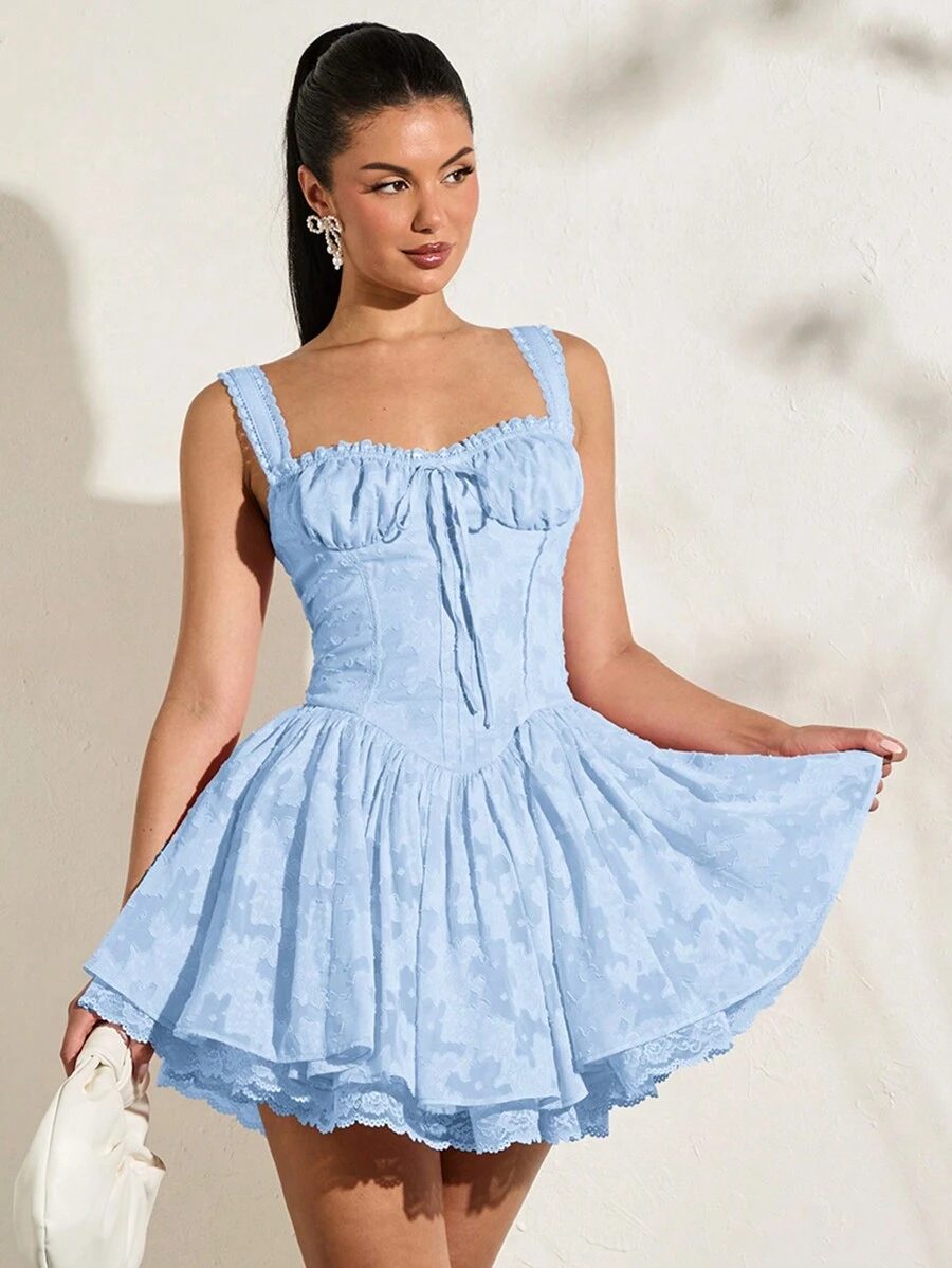 SHEIN BAE Summer Romantic Beach Holiday Lace Trim Sweet Floral Embroidered Lace Trim Sleeveless Women Babydoll Dress - Baby Blue - View 1
