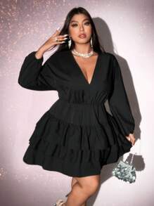 Viva Relle Plus Size Solid Color V-Neck Ruffle Hem Elegant Long Sleeve Dress,Valentine Fall Cloth For WomenValentine's Day - Black - View 4