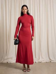 AiiRZ High Neck Long Sleeve Side Ruched Fitted Maxi Dress - Red - View 5