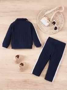 SHEIN Kleinkind Mädchen Mode Gerippter Strick Lässiger Dicker Komplett-Outfit, Herbst/Winter - marineblau - Übersicht 2