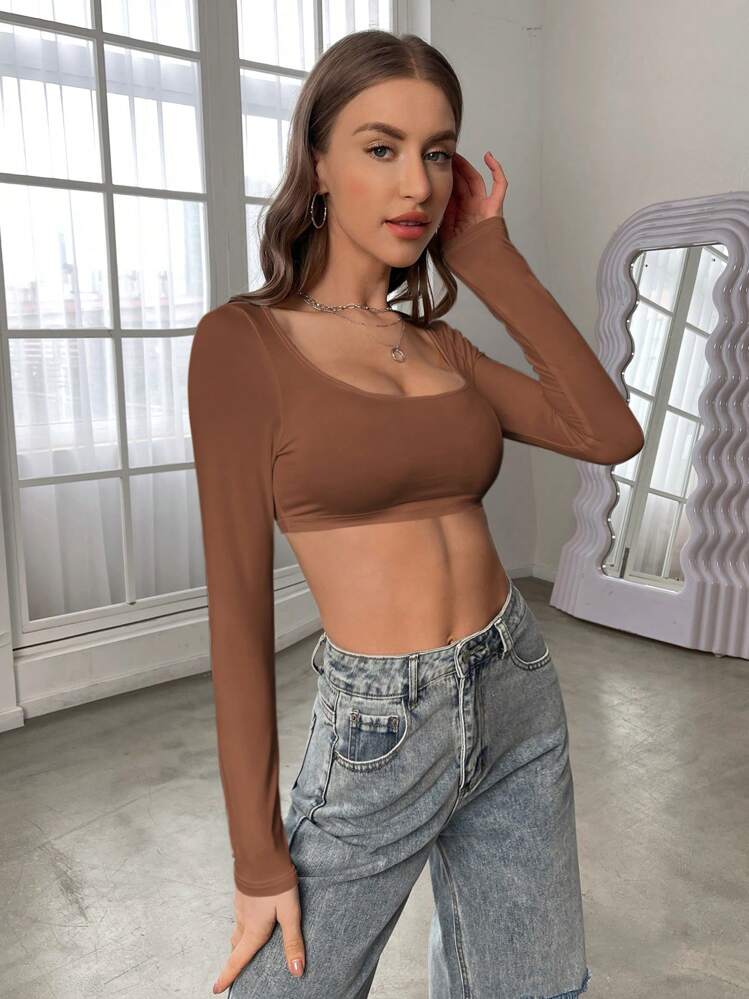 SHEIN PETITE Top de mujer con cuello de pico sólido, súper corto, para primavera - Marrón - Añade 6