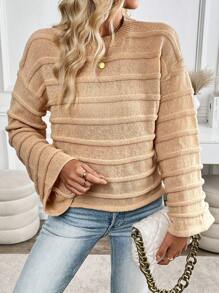 SHEIN LUNE Khaki Textured Loose Pullover Sweater, Autumn/Winter Knit Pullover Fall - Khaki - View 6
