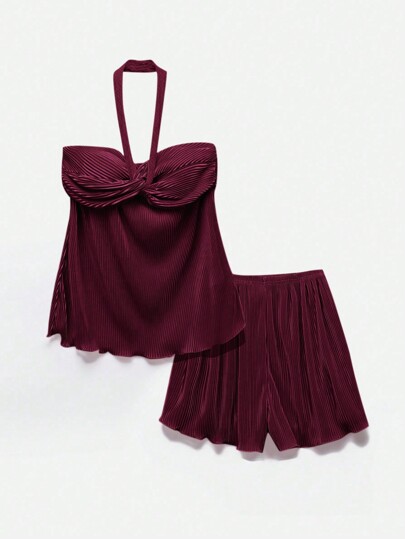 SHEIN EZwear طقم ببليسيه خصر عالٍ وشورت, عادي, بسيط وعصري للارتداء اليومي