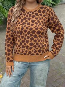 INAWLY Plus Size Leopard Pattern Round Neck Casual Long Sleeve Pullover Sweater Knit Pullover Fall Winter - Brown - View 6