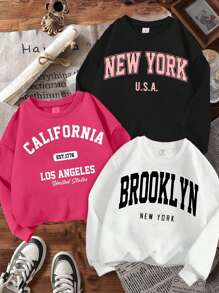 SHEIN 3pcs Tween Girls Casual Minimalist Thermal Lined Loose Fit Thick Crew Neck Long Sleeve Hoodies, Suitable For Autumn/Winter - Multicolor - View 1