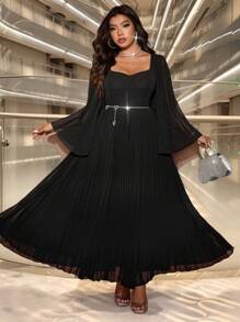 Allurite Plus Size Elegant Banquet Strapless Square Collar Flared Waist Slim Long Black Dress With Inner Lining, Pleated Pearl Chiffon Long Sleeve, For Spring/Autumn Maxi Women Outfit