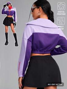 Innovista Women Cropped Loose Fit Zip Up Colorblock Sports Jacket, Windproof Jacket, Autumn Matching Outfits Workout Gym & Daily Casual Workout Jacket,Camping Running Outdoor,Going Out Tops ,Back To School,Zip Up Jacket,Cropped Sweatshirt,Workout Women Tops,Fall Woman Outfits,Purple Jacket,Cold Weather Clothes