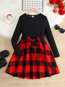 SHEIN Conjunto de 2 piezas para niña preadolescente: Top de manga larga acanalado negro y falda a cuadros rojos con lazo, adecuado para Navidad, Año Nuevo, vuelta al colegio, uso casual - Negro - Ver 8