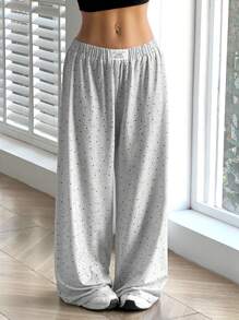 SHEIN EZwear Pantalones de chándal casuales de uso diario con estampado gráfico sencillo para mujer - Gris - Ver 1