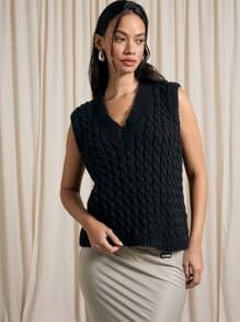 AiiRZ Designer Cable Knit Sweater Vest Wool Blend V-Neck Longline Winter Layering Autumn Fashion Preppy Style