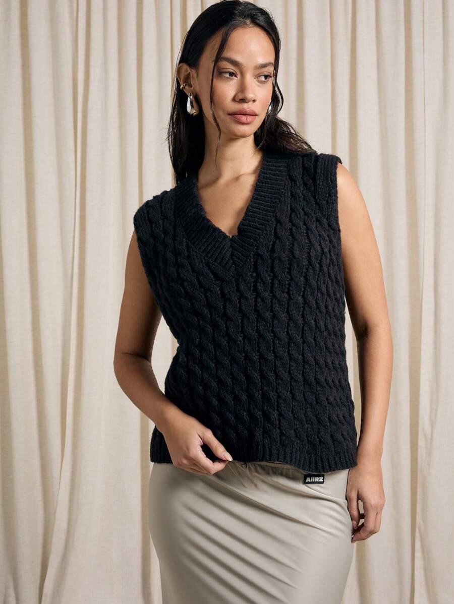 AiiRZ Designer Cable Knit Sweater Vest Wool Blend V-Neck Longline Winter Layering Autumn Fashion Preppy Style