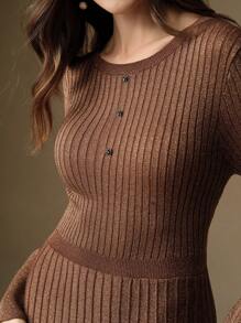 Anewsta Gold & Silver Lurex Ribbed Knit Dress, Long Sleeve - Coffee Brown - View 4