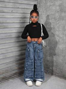 SHEIN Tween Girls' Y2K Fashion Stonewashed Multi-Pocket Distressed Cargo Jeans Baggy Wide Leg Pants, Tween Girl Fall Clothes Back To School Outfits - Dark Wash - View 5