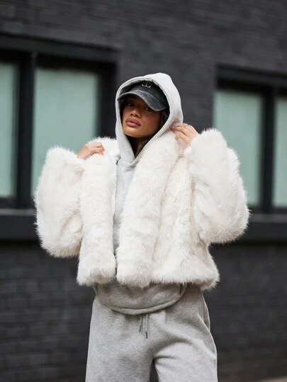 MISSGUIDED Luxury Faux Fur Hooded Jacket Winter Warm Plush Coat