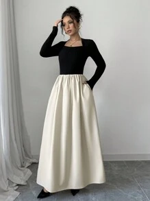 SHEIN Essnce 女士罗纹针织长袖休闲连衣裙，黑色，长袖，口袋，秋季时尚，黑色长袖连衣裙，秋季女士连衣裙，仙女风格连衣裙，女装，加厚连衣裙，冬季女装，撞色连衣裙 - 黑與白 - 查看 4