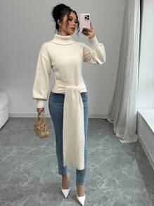 Elenzga Women's Solid Color High Neck Long Sleeve Bowknot Casual Pullover Sweater