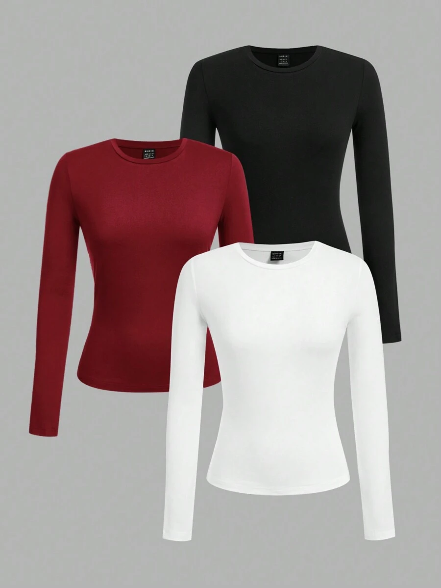 SHEIN EZwear Set de 3 camisetas de manga larga y cuello redondo ajustadas de estilo informal para mujer, para primavera/otoño - Multicolor - Ver 1