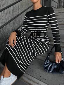 Cloudara Striped Pattern Sweater Dress - Black and White - View 3