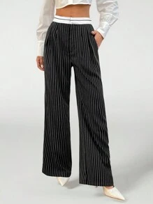 SHEIN PETITE Spliced ​​Waistband Yarn-Dyed Striped Suit Trousers